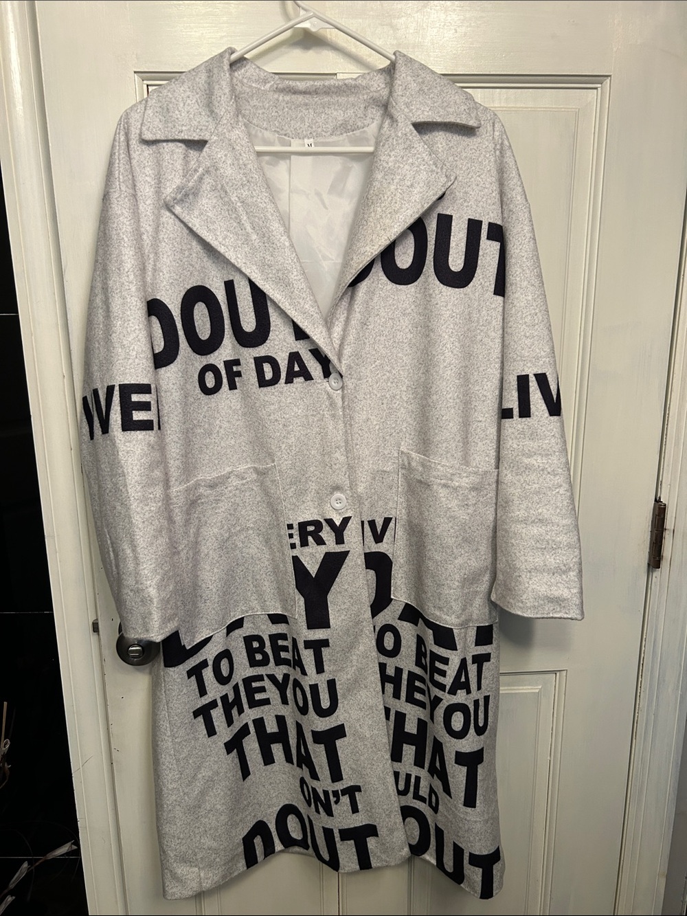 Graphic Text Long Coat in Light Gray and Black